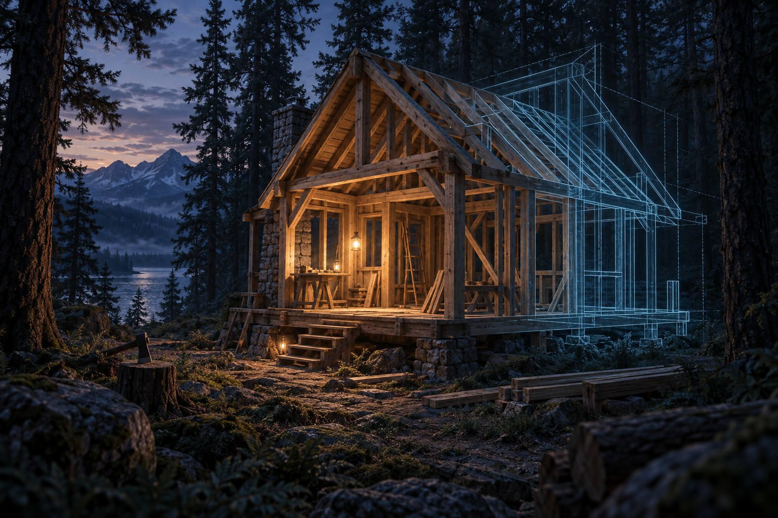 Concept illustration of a cabin frame among pine trees, blending into blueprint lines